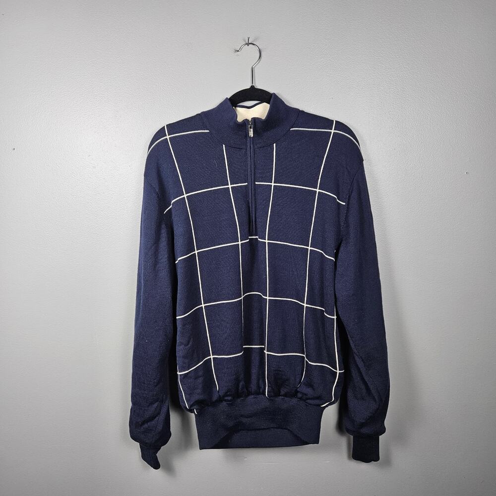 FootJoy Mens Medium Wool Knit Lined Quarter Zip Golf Pullover‎ Navy Windowpane